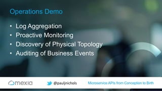 Microservice APIs from Conception to Birth@pauljnichols
Operations Demo
• Log Aggregation
• Proactive Monitoring
• Discovery of Physical Topology
• Auditing of Business Events