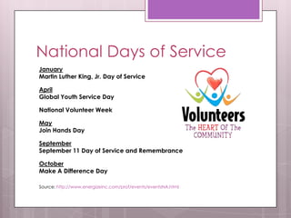 National Days of Service
January
Martin Luther King, Jr. Day of Service

April
Global Youth Service Day

National Volunteer Week

May
Join Hands Day

September
September 11 Day of Service and Remembrance

October
Make A Difference Day

Source: http://www.energizeinc.com/prof/events/eventsNA.html
 
