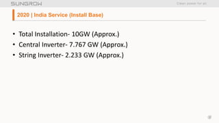 3
• Total Installation- 10GW (Approx.)
• Central Inverter- 7.767 GW (Approx.)
• String Inverter- 2.233 GW (Approx.)
2020 | India Service (Install Base)
 