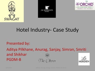 Hotel Industry- Case Study
Presented by:
Aditya Pilkhane, Anurag, Sanjay, Simran, Smriti
and Shikhar
PGDM-B
3/4/2013

Aditya, Anurag, Sanjay, Simran, Shikhar & Smriti

1

 