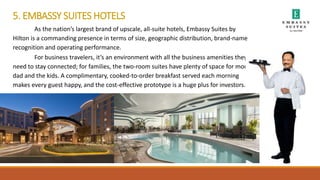 5. EMBASSY SUITES HOTELS
As the nation’s largest brand of upscale, all-suite hotels, Embassy Suites by
Hilton is a commanding presence in terms of size, geographic distribution, brand-name
recognition and operating performance.
For business travelers, it’s an environment with all the business amenities they
need to stay connected; for families, the two-room suites have plenty of space for mom,
dad and the kids. A complimentary, cooked-to-order breakfast served each morning
makes every guest happy, and the cost-effective prototype is a huge plus for investors.
 