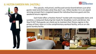 6. HILTON GARDEN INN. (HILTON,)
This upscale, mid-priced, and focused-service brand delivers just what
guests need and eliminates what they don’t use. Hilton Garden Inn is an award-
winning concept that is targeted toward the individual business guest and the
weekend leisure segment.
Each hotel offers a Pavilion Pantry® market with microwavable items and
sundries; a restaurant featuring hot meals for breakfast, lunch and dinner; the
Stay Fit Kit® that guests can check out to maintain their fitness regime in the
privacy of their room or in the complimentary workout facility; and an on-site
guest laundry facility.
 