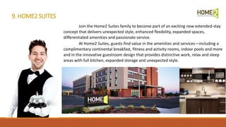 9. HOME2 SUITES
Join the Home2 Suites family to become part of an exciting new extended-stay
concept that delivers unexpected style, enhanced flexibility, expanded spaces,
differentiated amenities and passionate service.
At Home2 Suites, guests find value in the amenities and services—including a
complimentary continental breakfast, fitness and activity rooms, indoor pools and more
and in the innovative guestroom design that provides distinctive work, relax and sleep
areas with full kitchen, expanded storage and unexpected style.
 