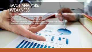 - High leverage combined with downgrade.
- Weak financial performance affecting the company.
- Challenges managing customer expectations due to varying offerings.
- Relatively limited network size and distribution.
SWOT ANALYSIS:
WEAKNESS
 