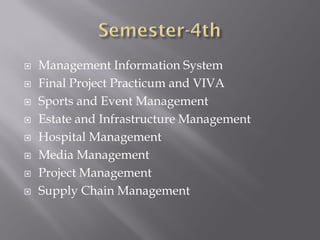  Management Information System
 Final Project Practicum and VIVA
 Sports and Event Management
 Estate and Infrastructure Management
 Hospital Management
 Media Management
 Project Management
 Supply Chain Management
 