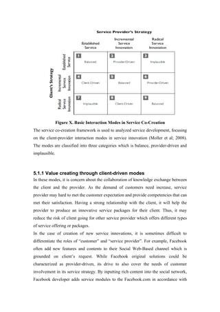 Figure X. Basic Interaction Modes in Service Co-Creation
The service co-creation framework is used to analyzed service development, focusing
on the client-provider interaction modes in service innovation (Moller et al; 2008).
The modes are classified into three categories which is balance, provider-driven and
implausible.



5.1.1 Value creating through client-driven modes
In these modes, it is concern about the collaboration of knowledge exchange between
the client and the provider. As the demand of customers need increase, service
provider may hard to met the customer expectation and provide competencies that can
met their satisfaction. Having a strong relationship with the client, it will help the
provider to produce an innovative service packages for their client. Thus, it may
reduce the risk of client going for other service provider which offers different types
of service offering or packages.
In the case of creation of new service innovations, it is sometimes difficult to
differentiate the roles of “customer” and “service provider”. For example, Facebook
often add new features and contents to their Social Web-Based channel which is
grounded on client’s request. While Facebook original solutions could be
characterized as provider-driven, its drive to also cover the needs of customer
involvement in its service strategy. By inputting rich content into the social network,
Facebook developer adds service modules to the Facebook.com in accordance with
 
