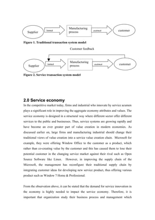 Manufacturing
                  input             process            output              customer
   Supplier


Figure 1. Traditional transaction system model

                                     Customer feedback



                                    Manufacturing
                   input            process              output             customer
   Supplier

Figure 2. Service transaction system model




2.0 Service economy
In the competitive market today, firms and industrial who innovate by service acumen
plays a significant role in improving the aggregate economy attributes and values. The
service economy is designed in a structural way where different sector offer different
services to the public and businesses. Thus, service systems are growing rapidly and
have become an ever greater part of value creation in modern economies. As
discussed earlier on, large firms and manufacturing industrial should change their
traditional views of value creation into a service value creation chain. Microsoft for
example, they were offering Window Office to the customer as a product, which
rather than co-creating value by the customer and this has caused them to lose their
potential customer in the changing service market against their rival such as Open
Source Software like Linux.      However, in improving the supply chain of the
Microsoft, the management has reconfigure their traditional supply chain by
integrating customer ideas for developing new service product, thus offering various
product such as Window 7 Home & Professional.


From the observation above, it can be stated that the demand for service innovation in
the economy is highly needed to impact the service economy. Therefore, it is
important that organization study their business process and management which
 