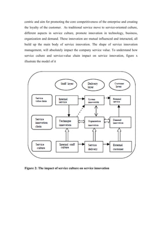 centric and aim for promoting the core competitiveness of the enterprise and creating
the loyalty of the customer. As traditional service move to service-oriented culture,
different aspects in service culture, promote innovation in technology, business,
organization and demand. These innovation are mutual influenced and interacted, all
build up the main body of service innovation. The shape of service innovation
management, will absolutely impact the company service value. To understand how
service culture and service-value chain impact on service innovation, figure x
illustrate the model of it




Figure 2: The impact of service culture on service innovation
 