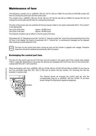 Maintenance of fans
                     The frequency inverters up to >pDRIVE< MX eco 4V110, MX pro 4V90/110 and MX pro 6V75/90 contain DC
                     fans for cooling the power part and the control part.
                     The inverters from >pDRIVE< MX eco 4V132, MX pro 4V110/132 and MX pro 6V90/110 contain DC fans for
                     cooling the control part and AC fans for cooling the power part.


                     The fans of the power part are switched off during impulse inhibit or low load if parameter B3.41 "Fan control"
                     is set appropriate.
                     Life cycle of DC-fans:               approx. 30.000 hours
                     Life cycle of AC-fans:               approx. 48.000 hours
                     The ambient condition has an effect on the life cycle of the fans.

                     Parameters A5.10 "Operating hours fan" and A5.12 "Interval counter fan" show the actual operating time of the
                     AC fans in the display. By means of parameter A5.11 "Interval fan" a maintenance message can be released
                     after reaching a preset operation time.


                             The fans for the control part start running as soon as the inverter is applied with voltage. Therefore
                             these fans should be replaced precautionary after five years!


                     Exchanging the control part fans
HTSI




                     The fans for the control part are 24 V DC fans and are located in the upper part of the inverter (see chapter
                     "Plans", page 69). Depending on the power the devices are equipped with one to four fans for the control part,
                     marked with M10, M11, M12 and M13.

                     When exchanging a fan from >pDRIVE< MX eco 4V160, MX pro 4V132/160 and MX pro 6V90/110 you have to
8 P01 035 EN.01/01




                     pull the connected plug X30, X31, X32 or X33 and to loosen the four screws. For mounting the new fan
                     proceed in reverse order.

                                                                 The drawing shows as example the control part fan and the
                                                                 corresponding plug for a >pDRIVE< MX eco 4V160. To all other
                                                                 power ratings the description applies analogously.




                                                                                                                                 11
 
