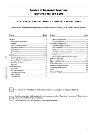 Service of frequency inverters
                                                                                 >pDRIVE< MX eco & pro


                                      0.75...630 kW, 3 AC 380...480 V; 2.2...800 kW, 3 AC 500...690 V


                          Parameters and their settings refer to software version APSeco_B04_05 or APSpro_B04_05



                     Theme                                                                              Page         Theme                                                                              Page

                     General ...................................................................... 2                    Defects of the display........................................................43
                         Identification of the device ................................................. 3                Other malfunctions ............................................................44
                         Storage ............................................................................... 3   Hardware diagnostics ..............................................50
                         Environmental influences.................................................... 4                  Overview of the components ............................................50
                         Application remarks............................................................ 5               Diagnostic LEDs ................................................................50
                         Factory setting .................................................................... 6          Fuses .................................................................................56
                         Motor data .......................................................................... 7         Checking the current transformers ...................................60
                         Overview of types ............................................................... 9             Insulation measurement ....................................................62
                     Maintenance ............................................................ 10                         Voltage levels.....................................................................62
HTSI




                         Visual inspection............................................................... 10             Measuring points for the DC link voltage ..........................63
                         Cleaning the heat sink ...................................................... 10            Software concept.....................................................64
                         Cooling air holes and filter mats....................................... 10                 Spare part concept ..................................................65
                         Maintenance of fans ......................................................... 11            Training concept ......................................................65
                         Load test ........................................................................... 13
                                                                                                                     Reference value distributor ......................................66
                     Troubleshooting....................................................... 14
                                                                                                                     Summary of limitations ............................................68
8 P01 035 EN.01/01




                         Diagnostics ....................................................................... 14
                                                                                                                     Plans.........................................................................69
                         PC software Matrix 3 ........................................................ 14
                         Troubleshooting guide...................................................... 20              Warranty Report .....................................................113
                         Fault memory .................................................................... 21
                         Trip messages .................................................................. 22




                                 The instructions in hand cover the topics maintenance, diagnostics and trouble shooting.


                                 Use this instructions additionally to the device documentation "Operating instructions", "Description of
                                 functions" and "Mounting instructions".
                                 Details for projecting can be found in the product catalogue.




                                                                                                                                                                                                               1
 