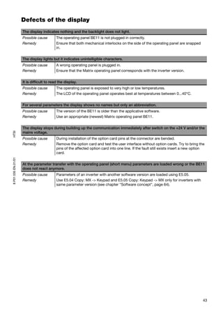 Defects of the display
                     The display indicates nothing and the backlight does not light.
                     Possible cause        The operating panel BE11 is not plugged in correctly.
                     Remedy                Ensure that both mechanical interlocks on the side of the operating panel are snapped
                                           in.


                     The display lights but it indicates unintelligible characters.
                     Possible cause        A wrong operating panel is plugged in.
                     Remedy                Ensure that the Matrix operating panel corresponds with the inverter version.


                     It is difficult to read the display.
                     Possible cause        The operating panel is exposed to very high or low temperatures.
                     Remedy                The LCD of the operating panel operates best at temperatures between 0...40°C.


                     For several parameters the display shows no names but only an abbreviation.
                     Possible cause        The version of the BE11 is older than the applicative software.
                     Remedy                Use an appropriate (newest) Matrix operating panel BE11.


                     The display stops during building up the communication immediately after switch on the +24 V and/or the
                     mains voltage.
HTSI




                     Possible cause        During installation of the option card pins at the connector are bended.
                     Remedy                Remove the option card and test the user interface without option cards. Try to bring the
                                           pins of the affected option card into one line. If the fault still exists insert a new option
                                           card.
8 P01 035 EN.01/01




                     At the parameter transfer with the operating panel (short menu) parameters are loaded wrong or the BE11
                     does not react anymore.
                     Possible cause        Parameters of an inverter with another software version are loaded using E5.05.
                     Remedy                Use E5.04 Copy: MX -> Keypad and E5.05 Copy: Keypad -> MX only for inverters with
                                           same parameter version (see chapter "Software concept", page 64).




                                                                                                                                       43
 