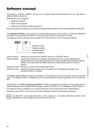 Software concept
The frequency inverters >pDRIVE< MX eco & pro contain several microprocessors and thus they contain
different software programs.
Basically, there are 3 programs:
     • Applicative software
     • Motor control software
     • Software of the Matrix operating panel BE11
When the inverters are delivered, they contain the latest software versions which are compatible to each other.


The applicative software is the program for controlling the behaviour of the inverter. It contains all adjustable
parameters and it processes all inputs and outputs as well as all open and closed loop tasks.
The software version is readable with parameter F1.07 "APP software" and is composed as follows:

            APSpro - A 02 - 11

                                     Software version
                                     Parameter version
                                     Parameter family
                                     Type of program




                                                                                                                    HTSI
Type of program   defines the die product line >pDRIVE< MX eco or >pDRIVE< MX pro
Parameter family  Capital letter starting with A Versions with equal family index can be updated simply
                  because there are no changed parameters which would change the functionality or factory
                  setting. If new parameters are added, they have a neutral factory setting or they are
                  inactive.
Parameter version Defines the version within the parameter family.




                                                                                                                    8 P01 035 EN.01/01
Software version Defines the software version and is increased when the application program or the
                  parameter version is changed.


The Motor control software contains the program for controlling the motor and software functions near the
motor. The software version is readable only for service technician in service parameter F5.44 "Actual SW
MC".


The software of the Matrix operating panel BE11 contains the program for indication on the display and the
different language versions (details of the language versions can be found in the catalogue, chapter "Options").
The software version is readable only for service technician in service parameter F5.50 "Software BE11".
The latest version of BE11 also works with all older applicative-versions overall parameter families.

         An older BE11 can be also used with a newer inverter (i.e. with newer applicative-software). New
         parameters are only indicated as a symbol and not with text.




64
 