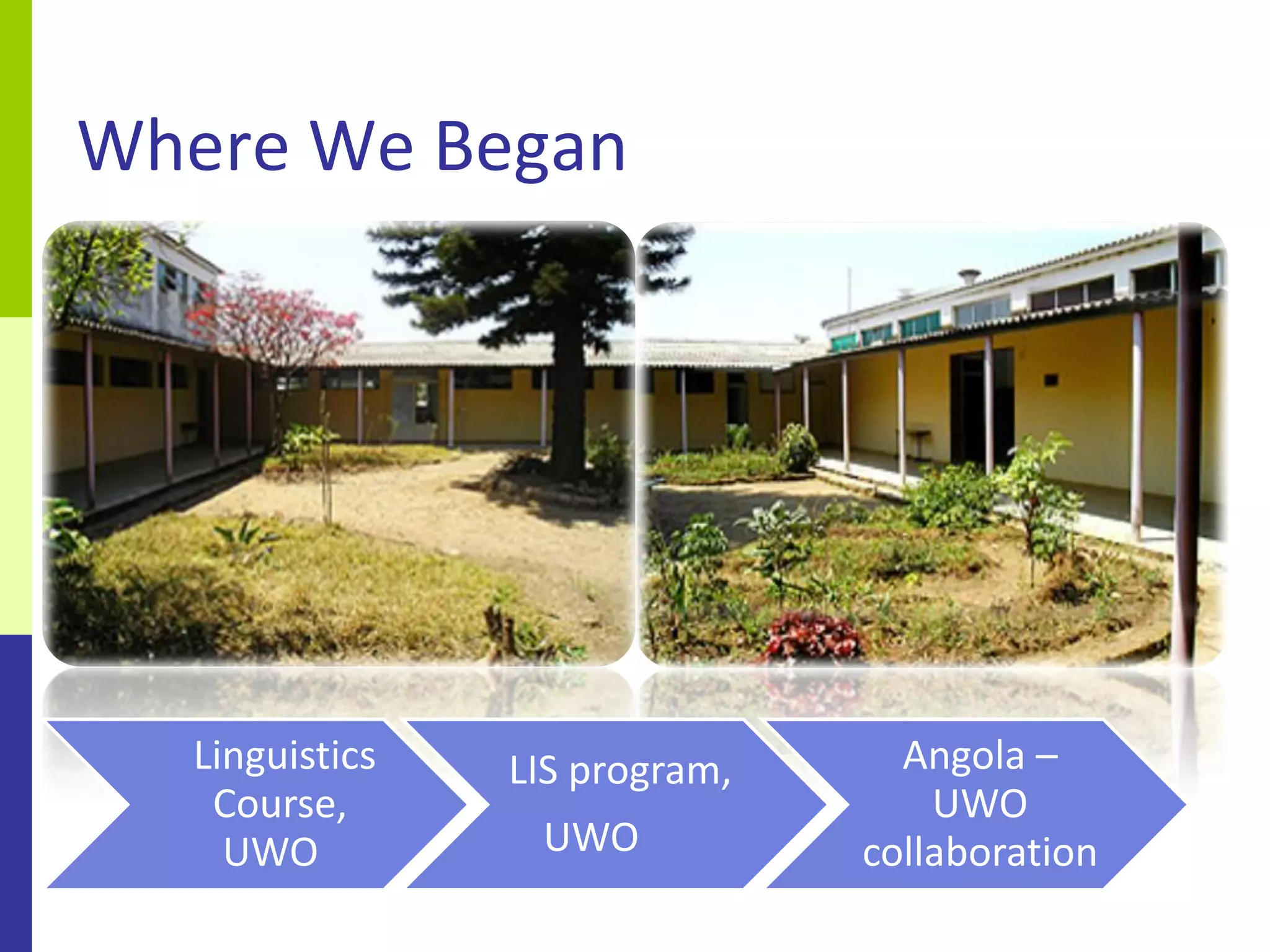 Where We Began




  Linguistics   LIS program,     Angola –
   Course,                         UWO
    UWO          UWO           collaboration
 