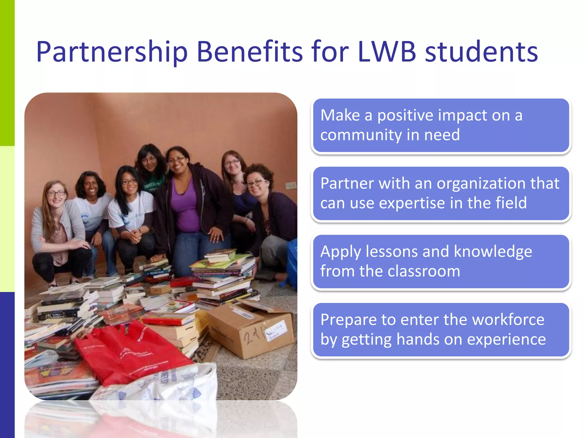 Partnership Benefits for LWB students
                    Make a positive impact on a
                    community in need

                    Partner with an organization that
                    can use expertise in the field

                    Apply lessons and knowledge
                    from the classroom

                    Prepare to enter the workforce
                    by getting hands on experience
 