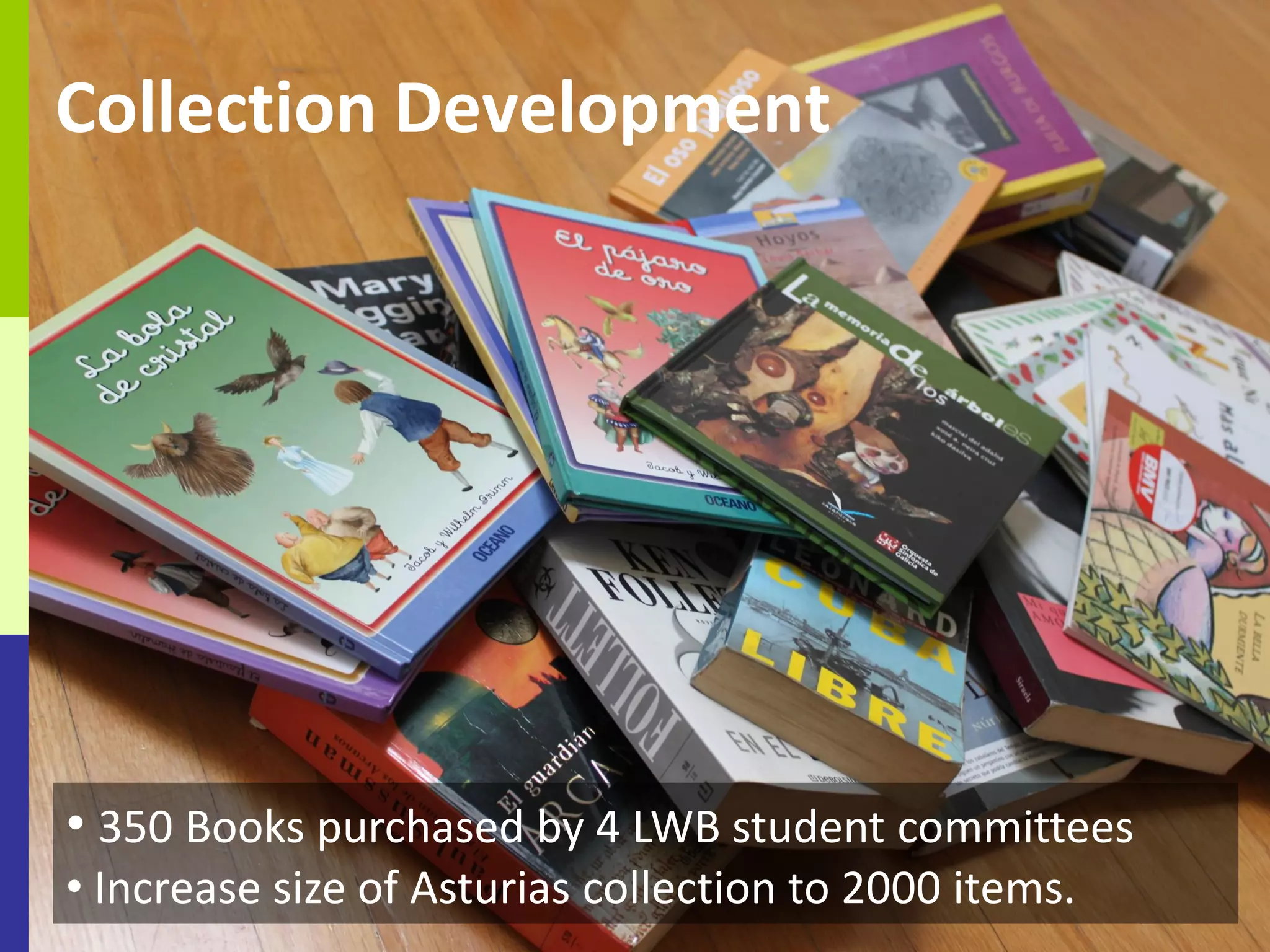 Collection Development




• 350 Books purchased by 4 LWB student committees
• Increase size of Asturias collection to 2000 items.
 