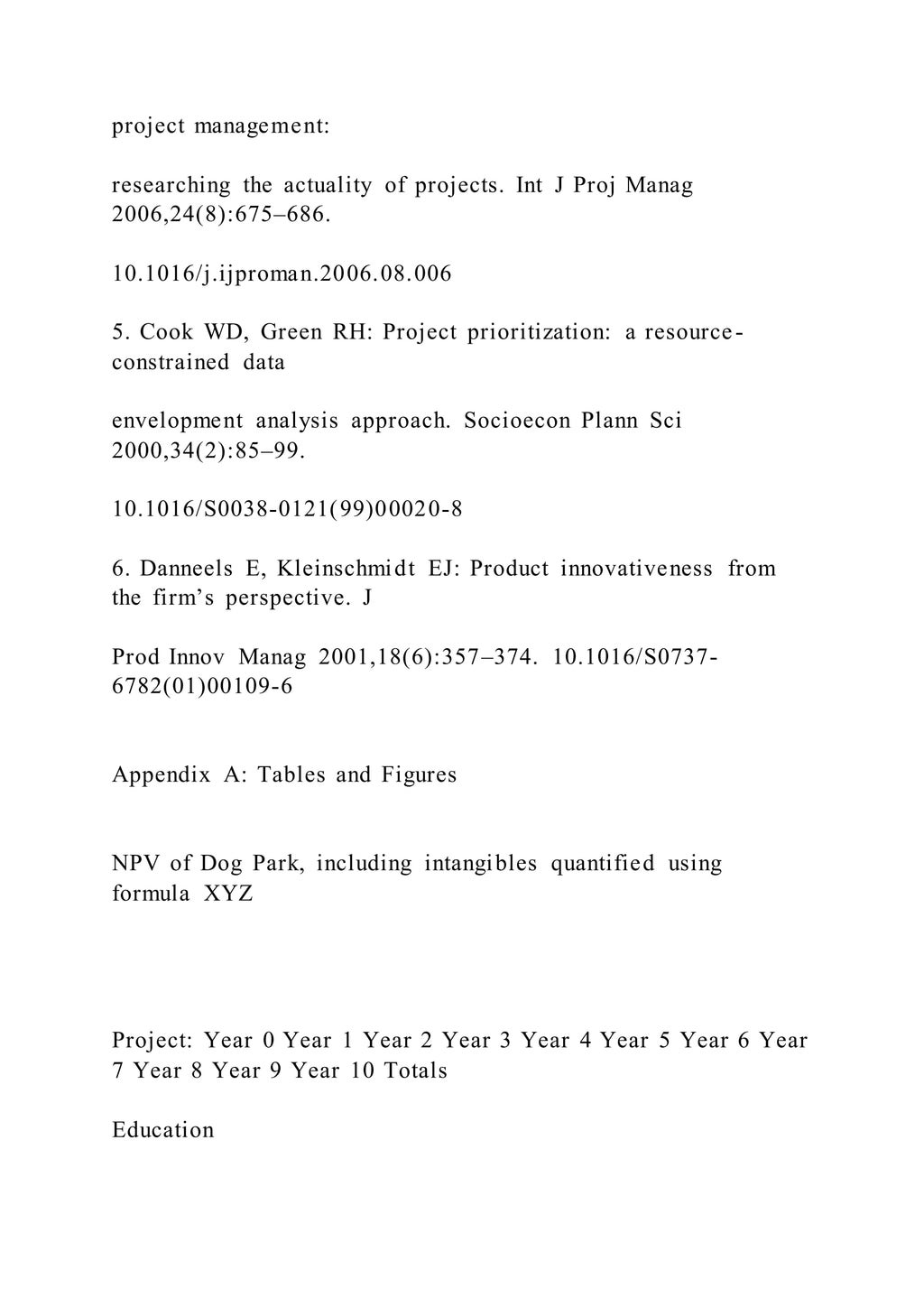 project management:
researching the actuality of projects. Int J Proj Manag
2006,24(8):675–686.
10.1016/j.ijproman.2006.08.006
5. Cook WD, Green RH: Project prioritization: a resource-
constrained data
envelopment analysis approach. Socioecon Plann Sci
2000,34(2):85–99.
10.1016/S0038-0121(99)00020-8
6. Danneels E, Kleinschmidt EJ: Product innovativeness from
the firm’s perspective. J
Prod Innov Manag 2001,18(6):357–374. 10.1016/S0737-
6782(01)00109-6
Appendix A: Tables and Figures
NPV of Dog Park, including intangibles quantified using
formula XYZ
Project: Year 0 Year 1 Year 2 Year 3 Year 4 Year 5 Year 6 Year
7 Year 8 Year 9 Year 10 Totals
Education
 