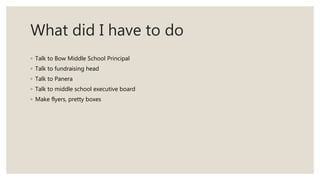 What did I have to do
◦ Talk to Bow Middle School Principal
◦ Talk to fundraising head
◦ Talk to Panera
◦ Talk to middle school executive board
◦ Make flyers, pretty boxes
 