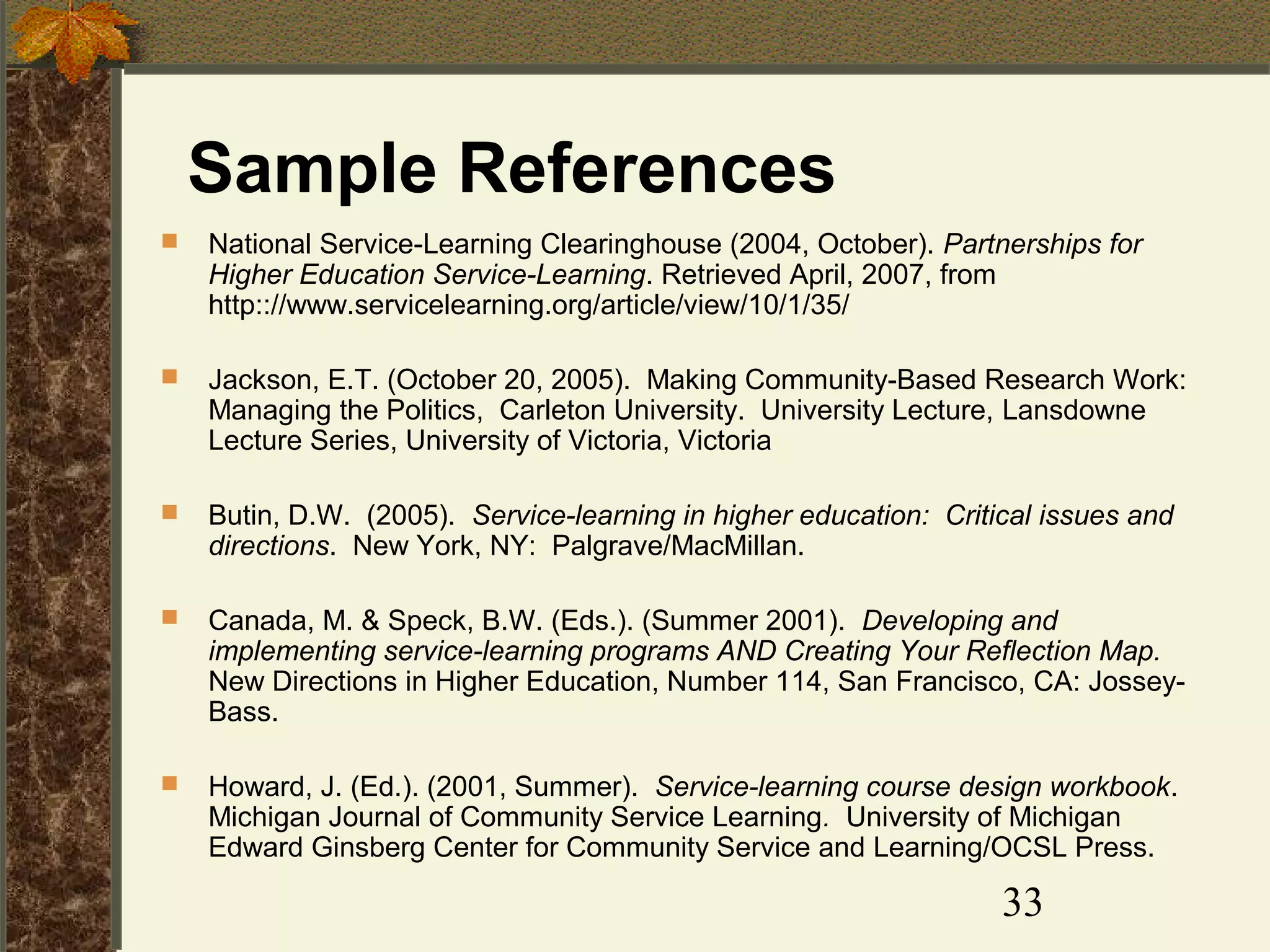 Sample References


National Service-Learning Clearinghouse (2004, October). Partnerships for
Higher Education Service-Learning. Retrieved April, 2007, from
http:://www.servicelearning.org/article/view/10/1/35/



Jackson, E.T. (October 20, 2005). Making Community-Based Research Work:
Managing the Politics, Carleton University. University Lecture, Lansdowne
Lecture Series, University of Victoria, Victoria



Butin, D.W. (2005). Service-learning in higher education: Critical issues and
directions. New York, NY: Palgrave/MacMillan.



Canada, M. & Speck, B.W. (Eds.). (Summer 2001). Developing and
implementing service-learning programs AND Creating Your Reflection Map.
New Directions in Higher Education, Number 114, San Francisco, CA: JosseyBass.



Howard, J. (Ed.). (2001, Summer). Service-learning course design workbook.
Michigan Journal of Community Service Learning. University of Michigan
Edward Ginsberg Center for Community Service and Learning/OCSL Press.

33

 