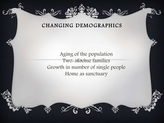 CHANGING DEMOGRAPHICS
Aging of the population
Two-income families
Growth in number of single people
Home as sanctuary
 