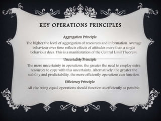 KEY OPERATIONS PRINCIPLES
Aggregation Principle
The higher the level of aggregation of resources and information. Average
behaviour over time reflects effects of attitudes more than a single
behaviour does. This is a manifestation of the Central Limit Theorem.
Uncertainty Principle
The more uncertainty in operations, the greater the need to employ extra
resources to cope with this uncertainty. Alternatively, the greater the
stability and predictability, the more efficiently operations can function.
Efficiency Principle
All else being equal, operations should function as efficiently as possible.
 