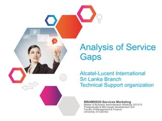 Analysis of Service
Gaps
Alcatel-Lucent International
Sri Lanka Branch
Technical Support organization
MBAMK620-Services Marketing
Master of Business Administration Weekday 2013/15
Postgraduate & Mid-Career Development Unit
Faculty of Management & Finance
University of Colombo
 