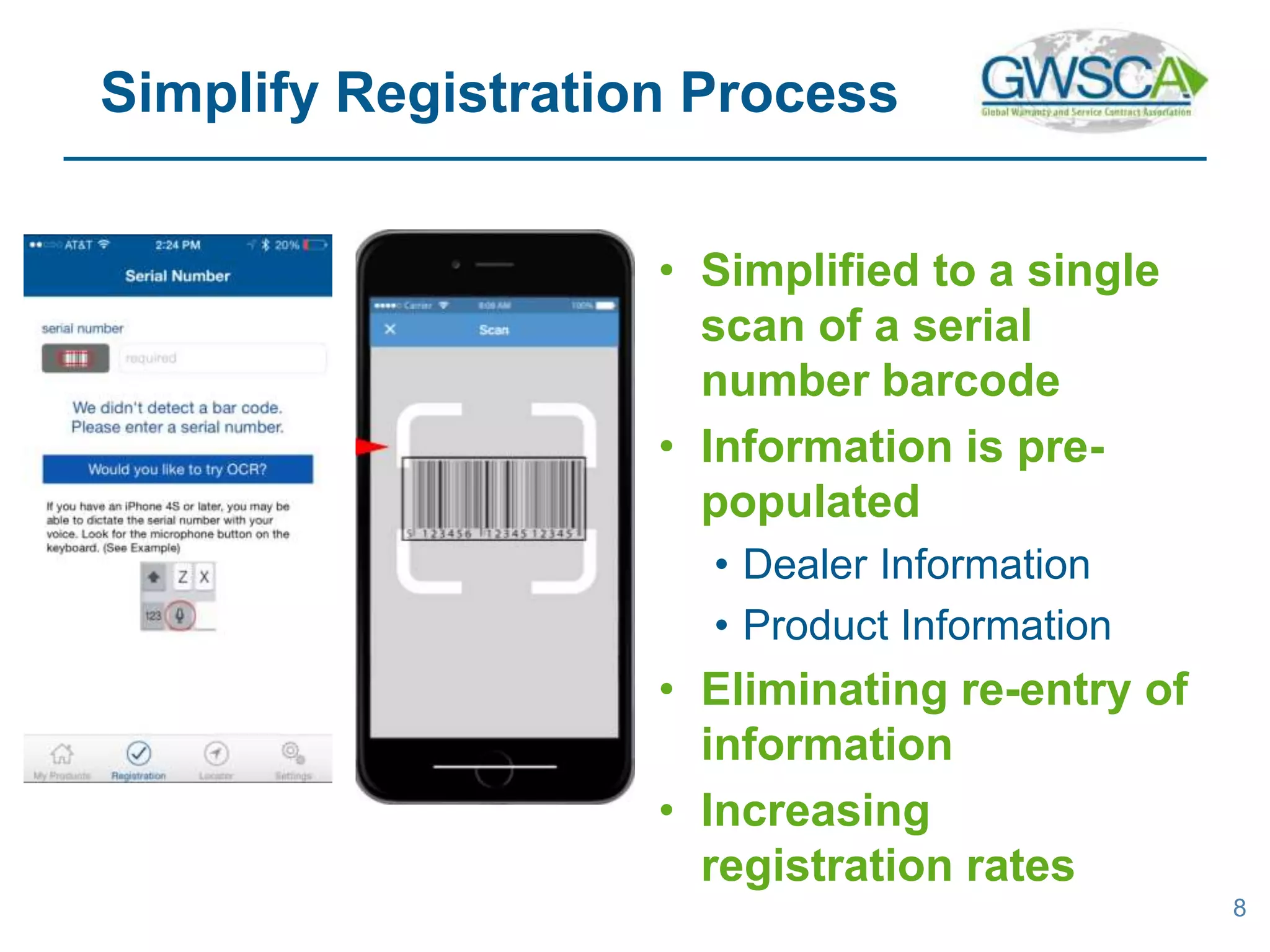 • Simplified to a single
scan of a serial
number barcode
• Information is pre-
populated
• Dealer Information
• Product Information
• Eliminating re-entry of
information
• Increasing
registration rates
8
Simplify Registration Process
 