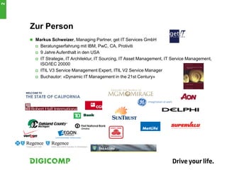 2




    Zur Person
     Markus Schweizer, Managing Partner, get IT Services GmbH
         Beratungserfahrung mit IBM, PwC, CA, Protiviti
         9 Jahre Aufenthalt in den USA
         IT Strategie, IT Architektur, IT Sourcing, IT Asset Management, IT Service Management,
          ISO/IEC 20000
         ITIL V3 Service Management Expert, ITIL V2 Service Manager
         Buchautor: «Dynamic IT Management in the 21st Century»
 