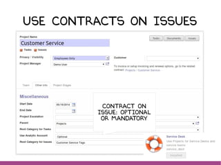 Use contracts on issues
Contract on
issue: Optional
or mandatory
 