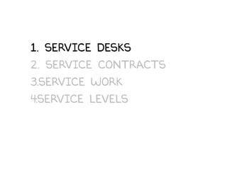 1. Service desks
2. Service Contracts
3.Service work
4.service Levels
 