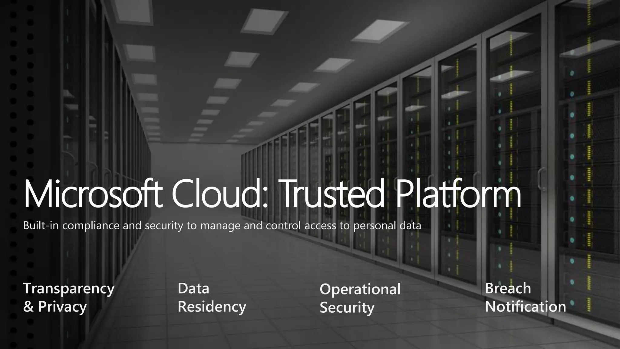 Microsoft Cloud: Trusted Platform
Transparency
& Privacy
Operational
Security
Breach
Notification
Built-in compliance and security to manage and control access to personal data
Data
Residency
 