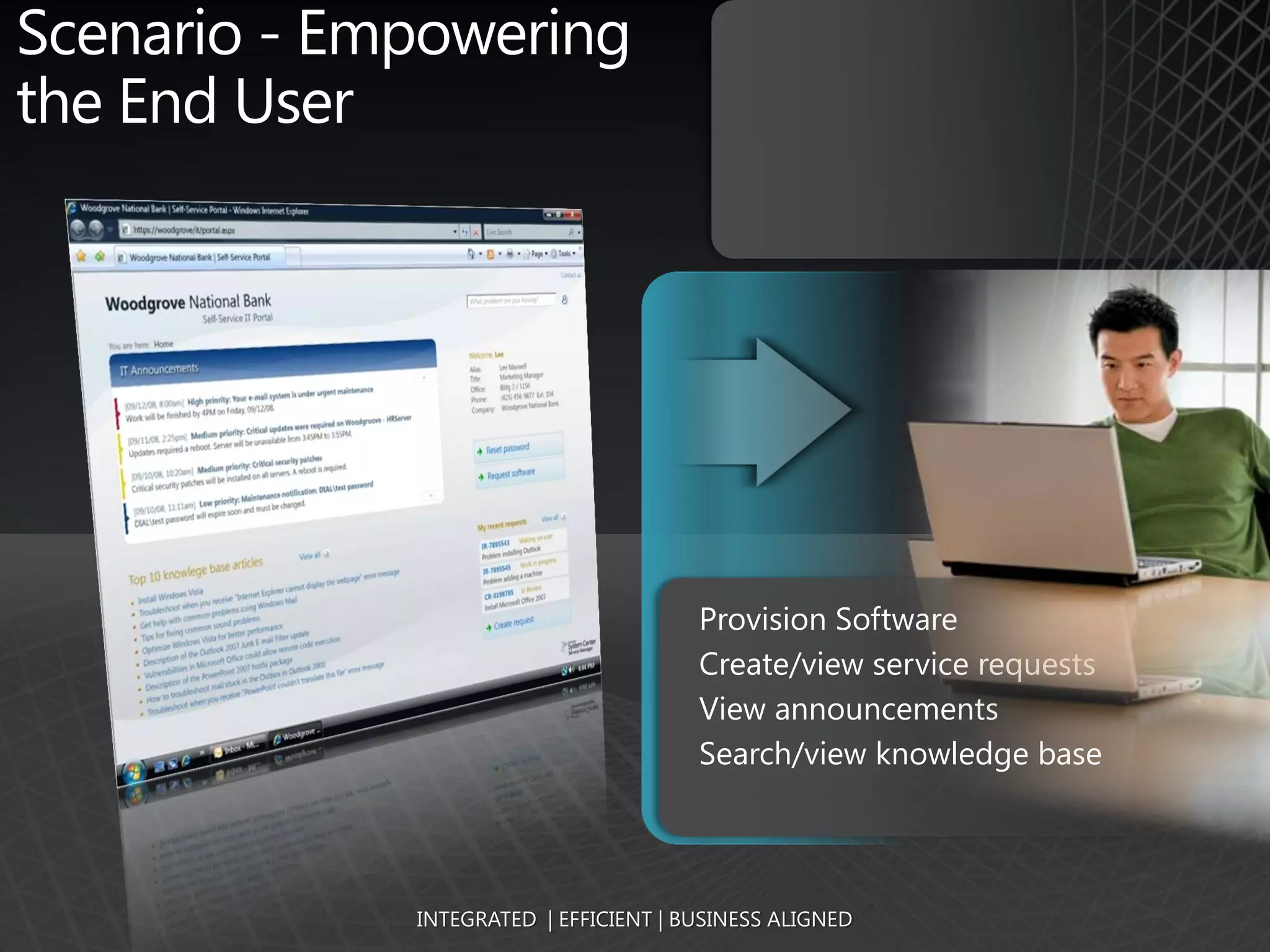 Scenario - Empowering
the End User




                                       Provision Software
                                       Create/view service requests
                                       View announcements
                                       Search/view knowledge base




             INTEGRATED | EFFICIENT | BUSINESS ALIGNED
 