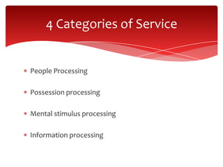 People Processing
Possession processing
Mental stimulus processing
Information processing
4 Categories of Service
 