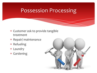 Customer ask to provide tangible
treatment
Repair/ maintenance
Refueling
Laundry
Gardening
Possession Processing
 