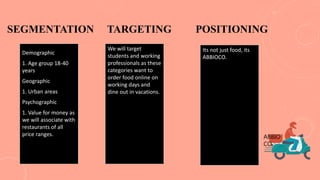 SEGMENTATION TARGETING POSITIONING
Demographic
1. Age group 18-40
years
Geographic
1. Urban areas
Psychographic
1. Value for money as
we will associate with
restaurants of all
price ranges.
We will target
students and working
professionals as these
categories want to
order food online on
working days and
dine out in vacations.
Its not just food, its
ABBIOCO.
ABBIO
CO
 