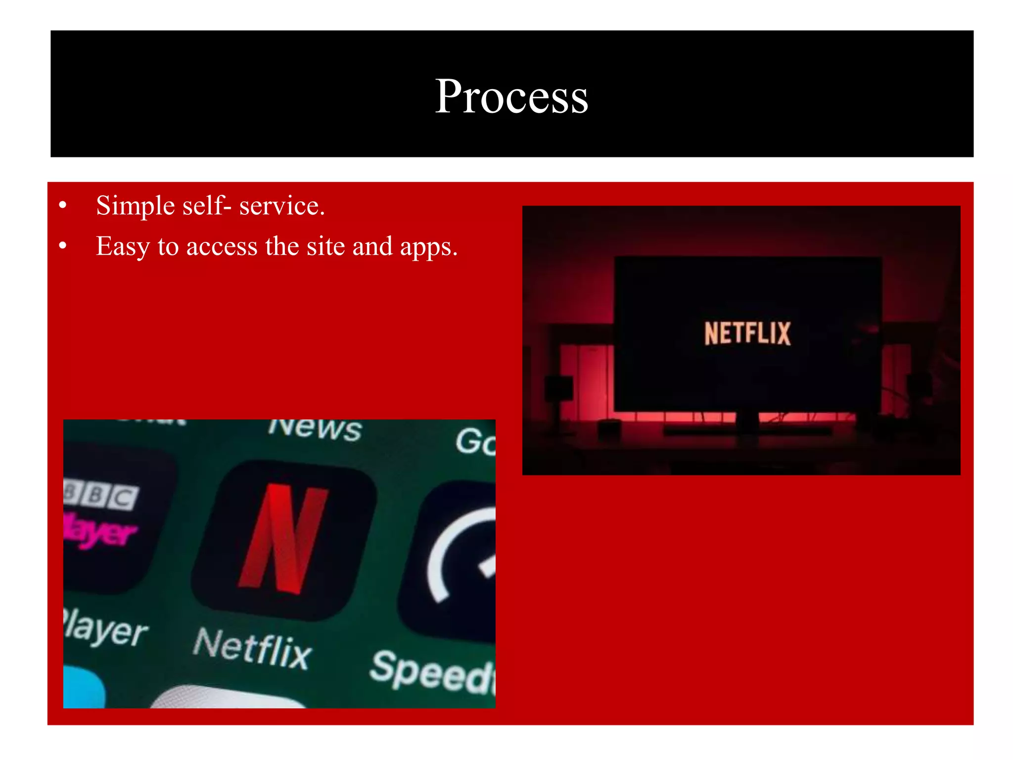 Process
• Simple self- service.
• Easy to access the site and apps.
 