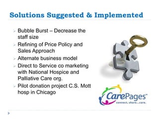 Solutions Suggested & Implemented 
 Bubble Burst – Decrease the 
staff size 
 Refining of Price Policy and 
Sales Approach 
 Alternate business model 
 Direct to Service co marketing 
with National Hospice and 
Palliative Care org. 
 Pilot donation project C.S. Mott 
hosp in Chicago 
 