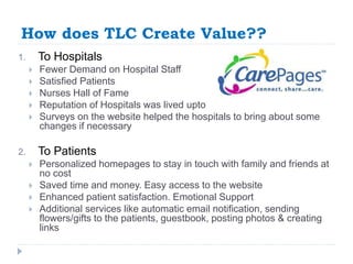 How does TLC Create Value?? 
1. To Hospitals 
 Fewer Demand on Hospital Staff 
 Satisfied Patients 
 Nurses Hall of Fame 
 Reputation of Hospitals was lived upto 
 Surveys on the website helped the hospitals to bring about some 
changes if necessary 
2. To Patients 
 Personalized homepages to stay in touch with family and friends at 
no cost 
 Saved time and money. Easy access to the website 
 Enhanced patient satisfaction. Emotional Support 
 Additional services like automatic email notification, sending 
flowers/gifts to the patients, guestbook, posting photos & creating 
links 
 
