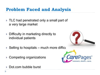 Problem Faced and Analysis 
 TLC had penetrated only a small part of 
a very large market 
 Difficulty in marketing directly to 
individual patients 
 Selling to hospitals – much more difficult 
 Competing organizations 
 Dot.com bubble burst 
 