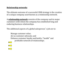 Relationship networks
The ultimate outcome of a successful CRM strategy is the creation
of a unique company asset known as a relationship network.
A relationship network consists of the company and its major
customers with whom the company has established long and
enduring business relationships.
The additional aspects of a global salesperson’s job are to:
Manage customer value;
Act as customer advocate; and
Enhance customer loyalty and build a “health” and
profitable network of relationships.
 