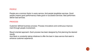 15
PEOPLE
People are a common factor in every service. And people tangibilize services. Good
people (means good performance) make good or successful services. Bad performers
deliver bad services.
PROCESS
Customer defined business process- Process innovations and continuous improve-
ment through people involvement.
Result oriented approach- Each process has been designed by first planning the desired
results.
Axis Bank is constantly taking initiatives to offer the best in class service that seek to
enhance customer experience.
 