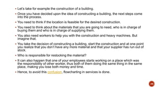 25
 Let’s take for example the construction of a building.
 Once you have decided upon the idea of constructing a building, the next steps come
into the process.
 You need to think if the location is feasible for the desired construction.
 You need to think about the materials that you are going to need, who is in charge of
buying them and who is in charge of supplying them.
 You also need workers to help you with the construction and heavy machines. But
imagine that.
 You take the decision of constructing a building, start the construction and at one point
you realize that you don’t have any more material and that your supplier has run out of
stock.
 Who is responsible for restocking the material?
 It can also happen that one of your employees starts working on a place which was
the responsibility of other worker, thus both of them doing the same thing in the same
place, making you lose both money and time.
 Hence, to avoid this confusion, flowcharting in services is done.
 