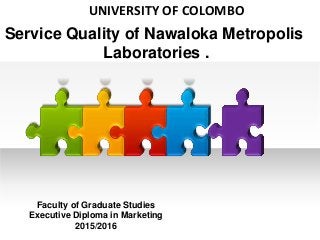 Service Quality of Nawaloka Metropolis
Laboratories .
UNIVERSITY OF COLOMBO
Faculty of Graduate Studies
Executive Diploma in Marketing
2015/2016
 