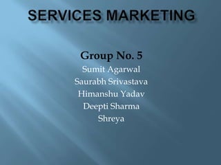 Group No. 5
  Sumit Agarwal
Saurabh Srivastava
 Himanshu Yadav
  Deepti Sharma
     Shreya
 