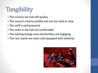 Tangibility
The screens are fully HD quality
The sound is clearly audible and not too loud or slow
The staff is well groomed
The seats in the hall are comfortable
The waiting lounge area and facilities are engaging
The rest rooms are clean and equipped with toiletries
 