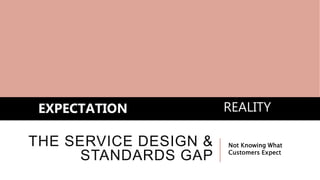 THE SERVICE DESIGN &
STANDARDS GAP
EXPECTATION REALITY
Not Knowing What
Customers Expect
 