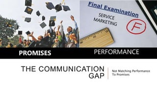 THE COMMUNICATION
GAP
PROMISES PERFORMANCE
Not Matching Performance
To Promises
 