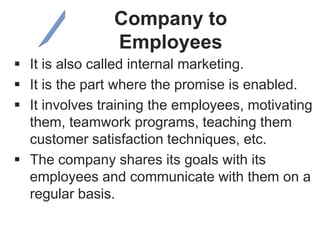 Company to
Employees
 It is also called internal marketing.
 It is the part where the promise is enabled.
 It involves training the employees, motivating
them, teamwork programs, teaching them
customer satisfaction techniques, etc.
 The company shares its goals with its
employees and communicate with them on a
regular basis.
 