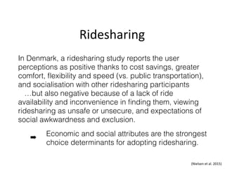 Ridesharing
In Denmark, a ridesharing study reports the user
perceptions as positive thanks to cost savings, greater
comfort, ﬂexibility and speed (vs. public transportation),
and socialisation with other ridesharing participants  
…but also negative because of a lack of ride
availability and inconvenience in ﬁnding them, viewing
ridesharing as unsafe or unsecure, and expectations of
social awkwardness and exclusion.
➡
Economic and social attributes are the strongest
choice determinants for adopting ridesharing.
(Nielsen	et	al.	2015)
 