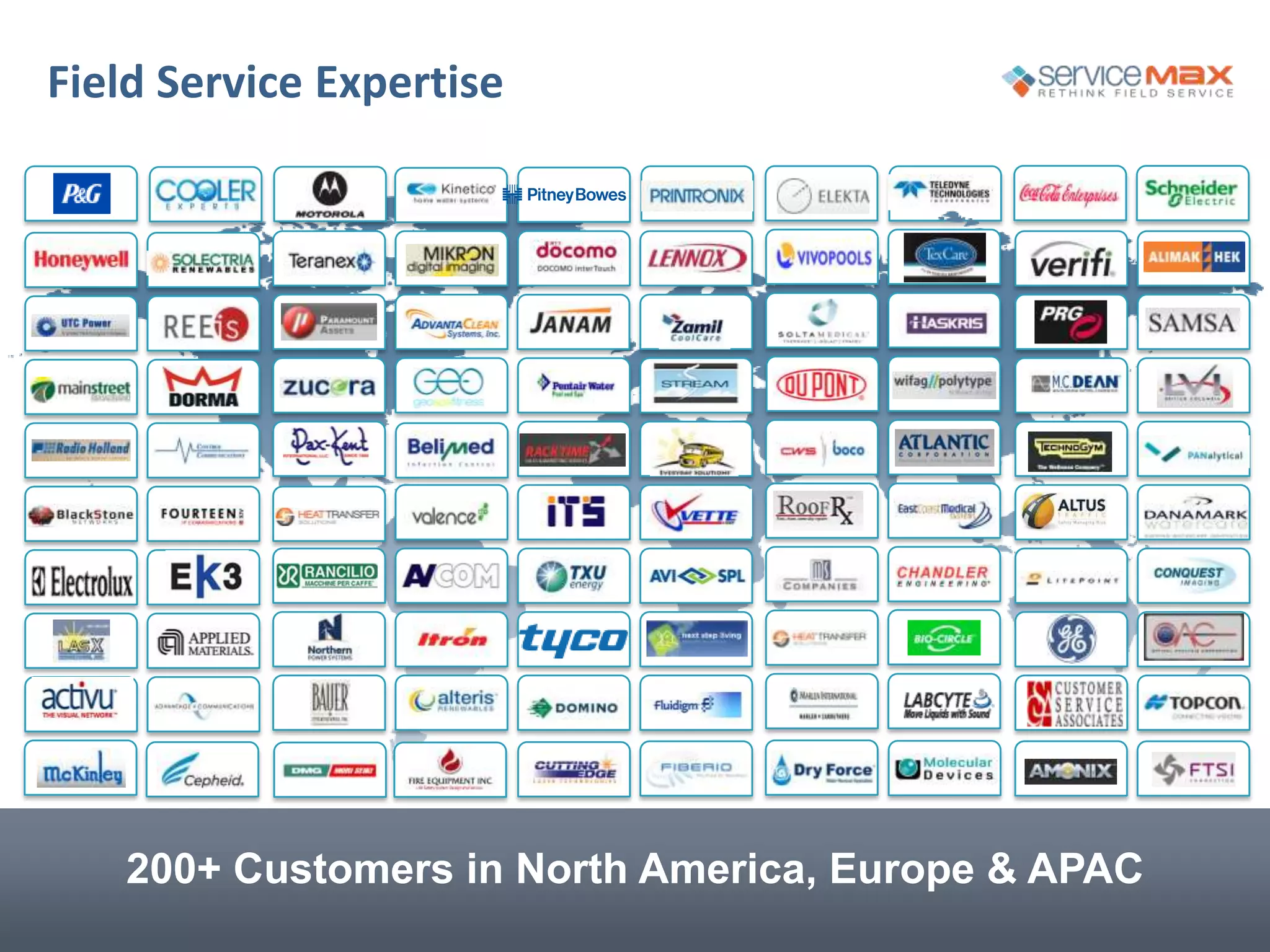 Field Service Expertise
200+ Customers in North America, Europe & APAC
 