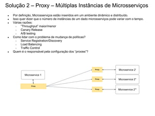 ● Por definição, Microsserviços estão inseridos em um ambiente dinâmico e distribuído.
● Isso quer dizer que o número de instâncias de um dado microsserviços pode variar com o tempo.
● Várias razões:
○ ”Throughput” maior/menor
○ Canary Release
○ A/B testing
● Como lidar com o problema de mudança de políticas?
○ Service Registration/Discovery
○ Load Balancing
○ Traffic Control
● Quem é o responsável pela configuração dos “proxies”?
Microservice 1
Proxy
Microservice 2'Proxy
Microservice 2''Proxy
Microservice 2'''Proxy
Solução 2 – Proxy – Múltiplas Instâncias de Microsserviços
 